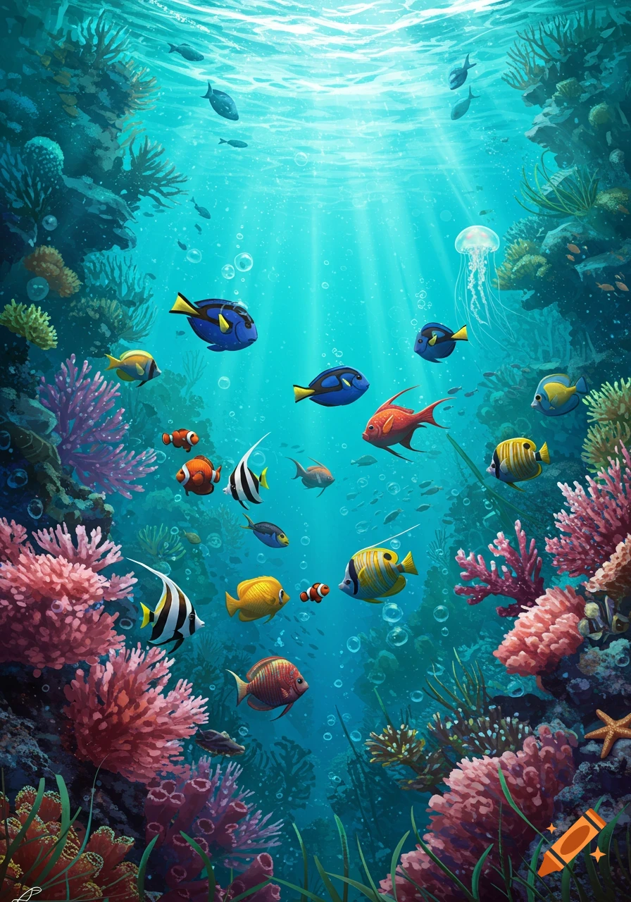 Vibrant animated underwater scene with diverse tropical fish, colorful coral reefs, and sunbeams filtering through the blue water.