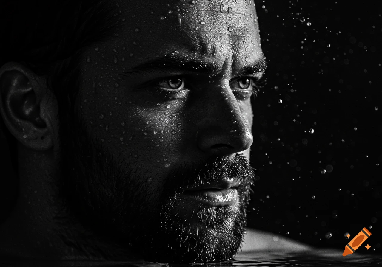 Black and white close-up cinematic portrait of a bearded man with a wet face covered in water droplets, partially submerged in dark water.