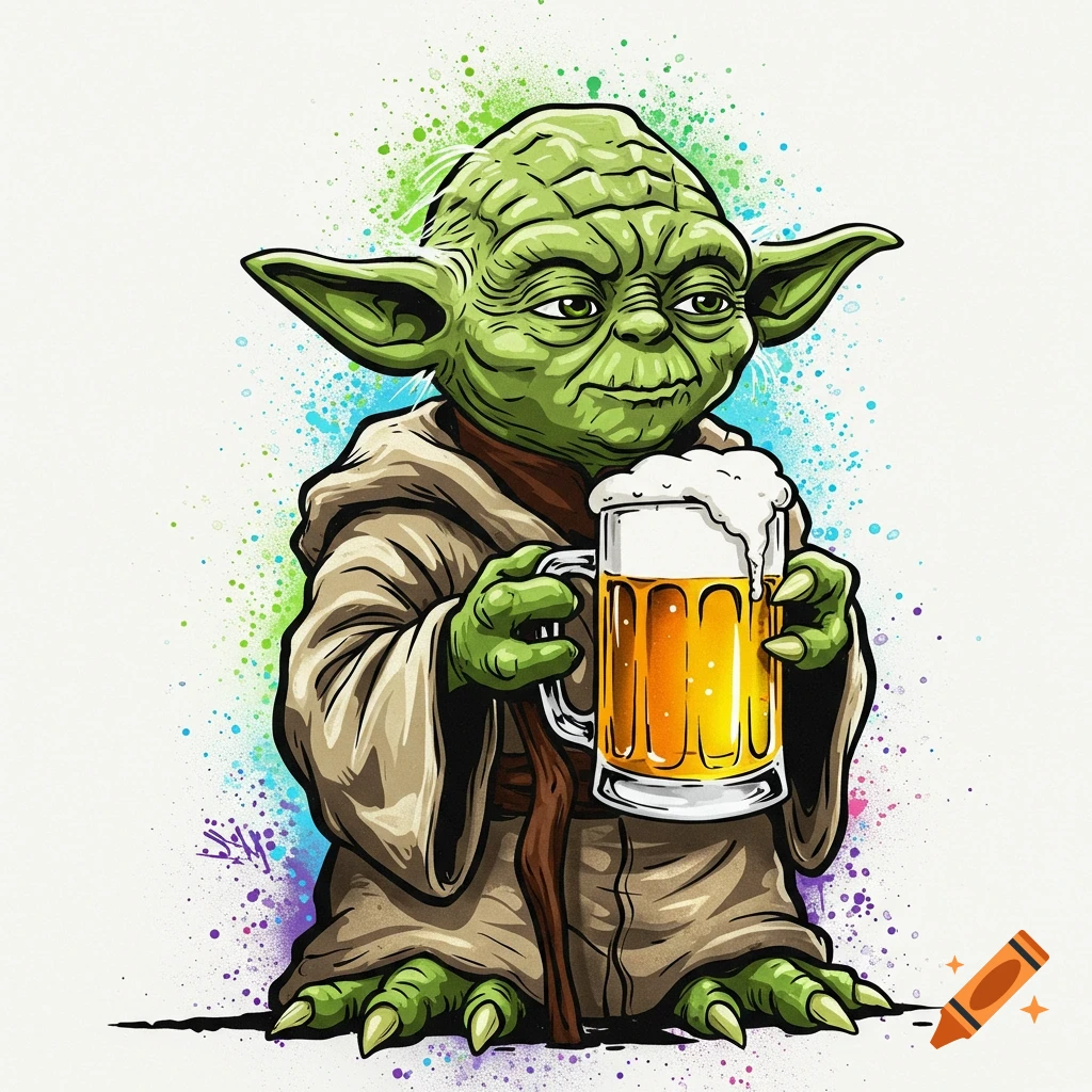 Graffiti-style illustration of Yoda from Star Wars holding a mug of beer, surrounded by vibrant paint splatters.