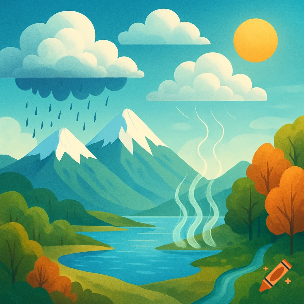 Stylized illustration of the water cycle featuring mountains, a lake, trees, rain, and evaporation.