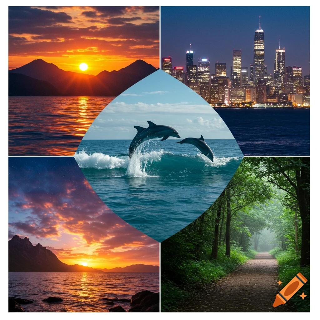 A five-part collage showing various photorealistic scenes: sunsets over mountains and water, a city skyline at night, a misty forest path, and two dolphins jumping from ocean waves.