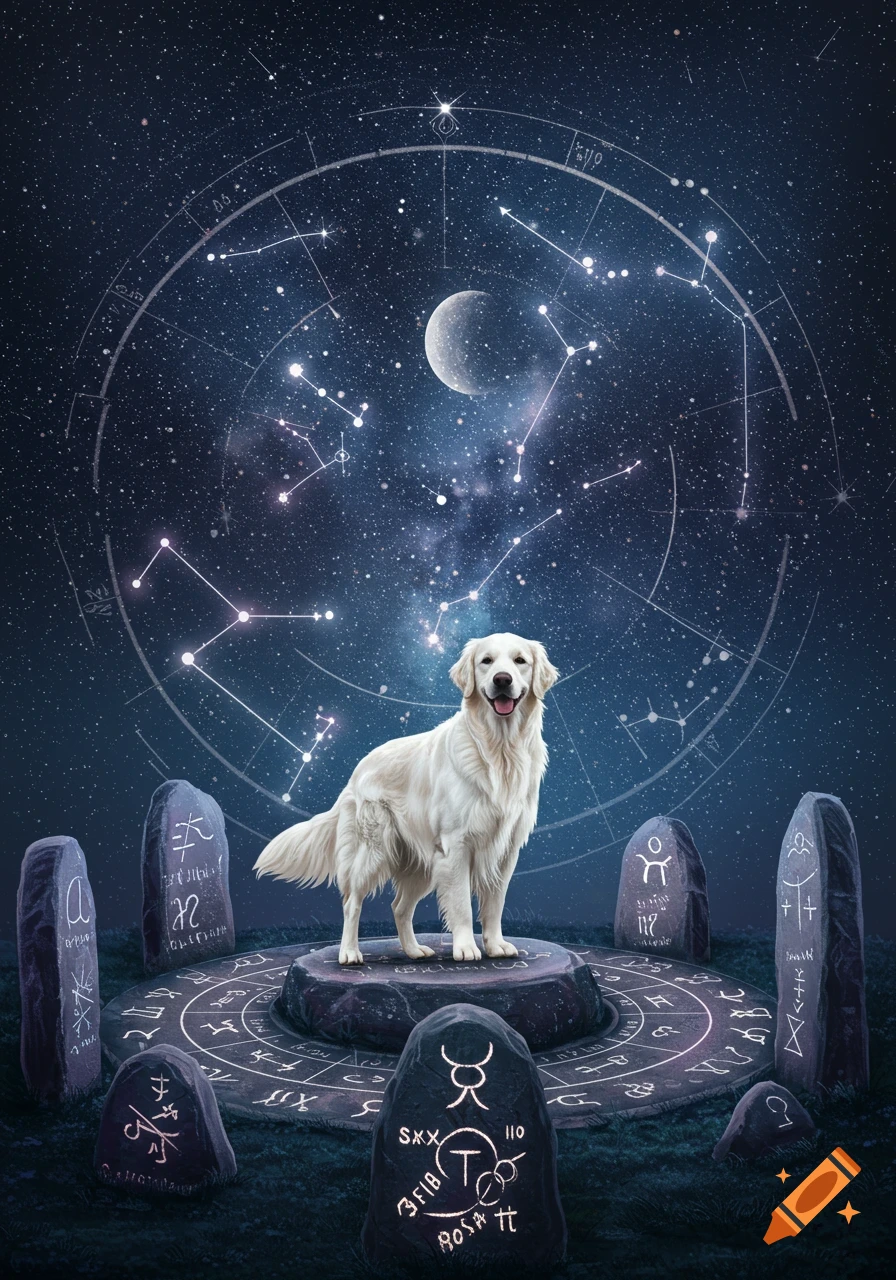 White golden retriever on a stone altar with glowing runes, surrounded by standing stones under a starry night sky with an astrological chart.