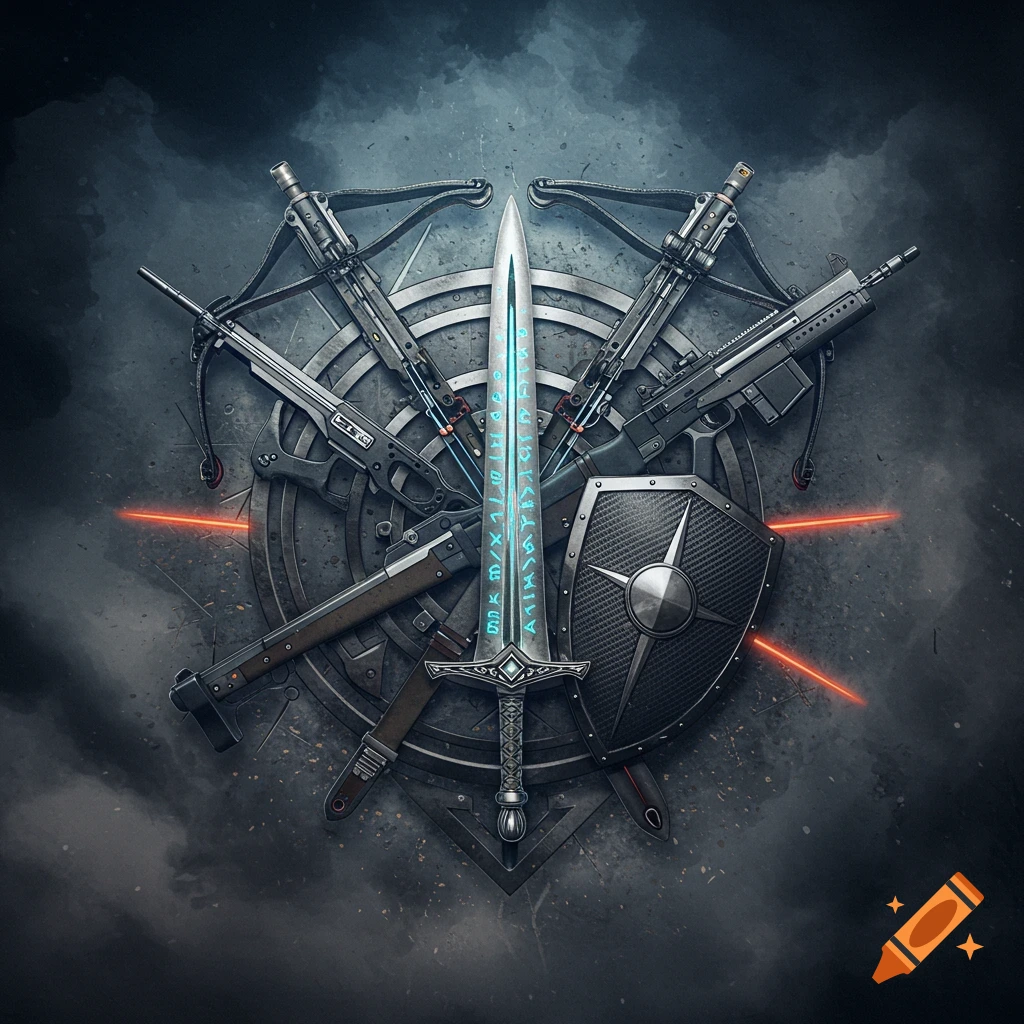 A stylized emblem of a medieval sword with glowing runes, two crossbows, two modern firearms, and a shield, arranged symmetrically against a dark, smoky background.