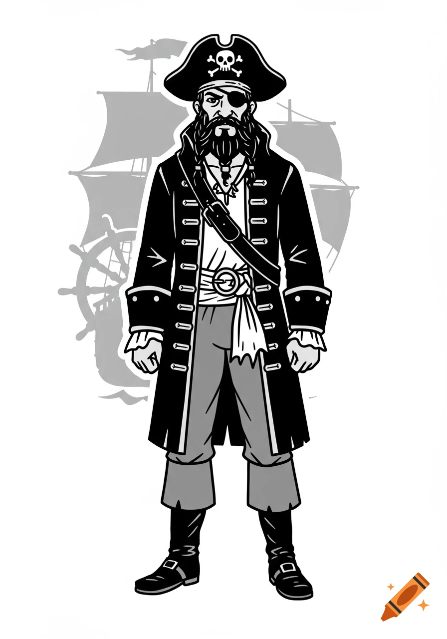 A black and white clip art illustration of a pirate wearing a coat, eye patch, and a hat with a skull and crossbones.