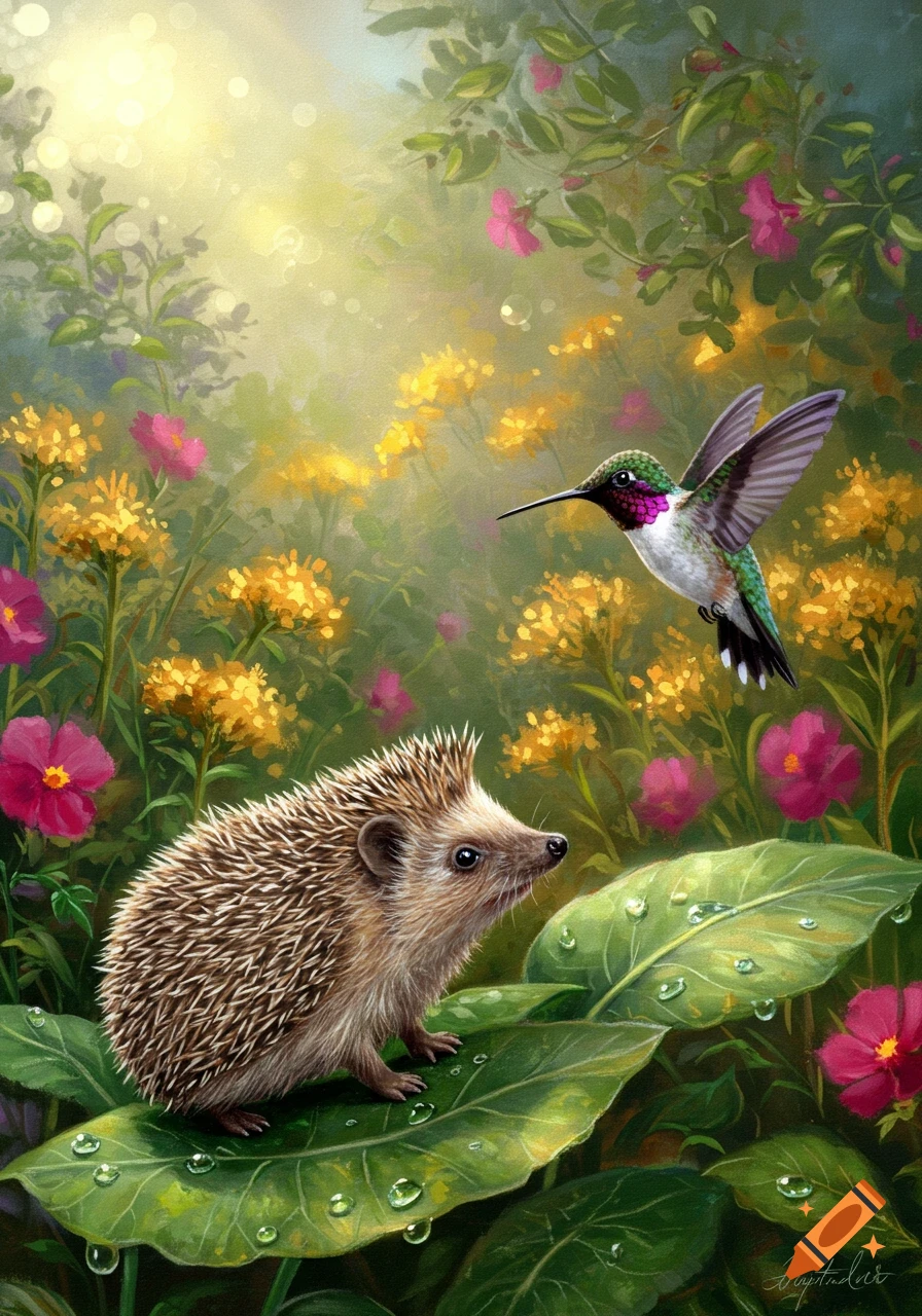 A digital painting of a hedgehog on a dew-covered leaf, looking up at a hummingbird in a sunlit garden with yellow and pink flowers.