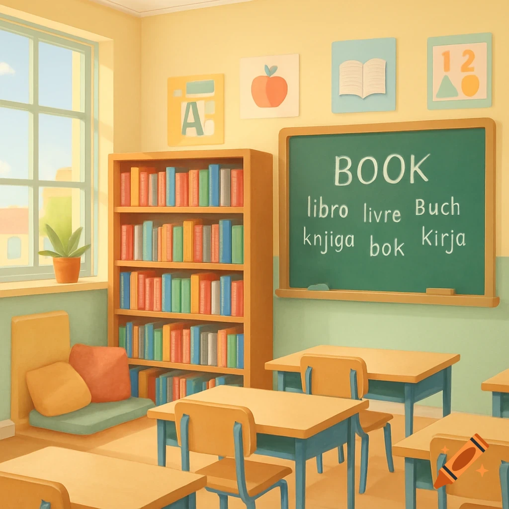 A bright, organized classroom with a bookshelf full of colorful books and a blackboard listing the word 'BOOK' in various languages.
