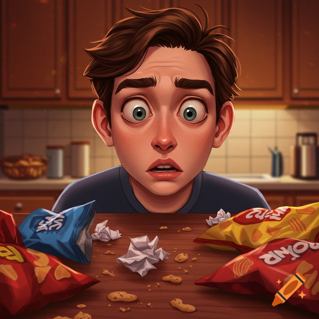 A cartoonish young man with wide, surprised eyes looks down at empty chip bags and crumbs on a kitchen table.