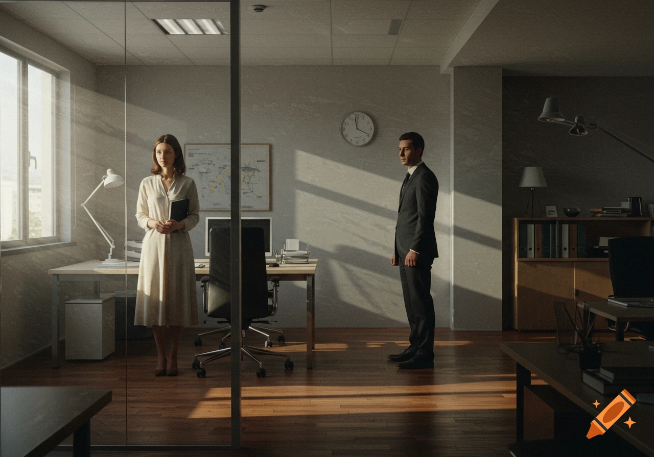 A woman holding a book stands by a window in a sunlit modern office, while a man in a suit stands across the room.