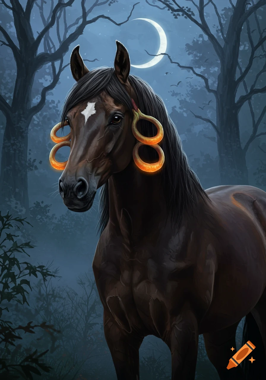 A brown horse with glowing orange onion ring-like earrings stands in a misty forest under a crescent moon.