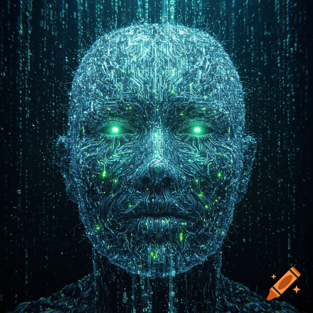 A digital head made of glowing circuit board patterns with bright green eyes and binary code in the dark background.