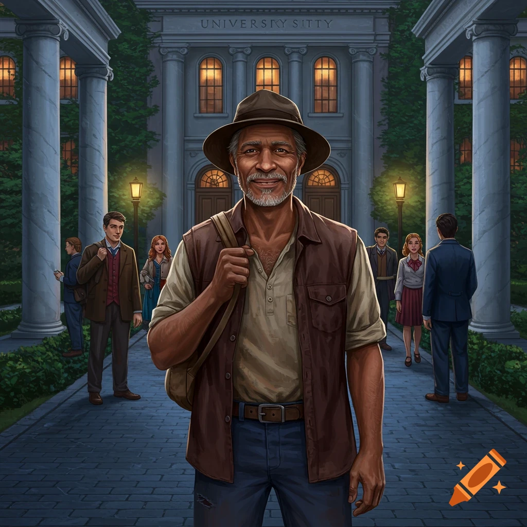 An older man with a hat and backpack smiles on a university campus with students and a classical building.