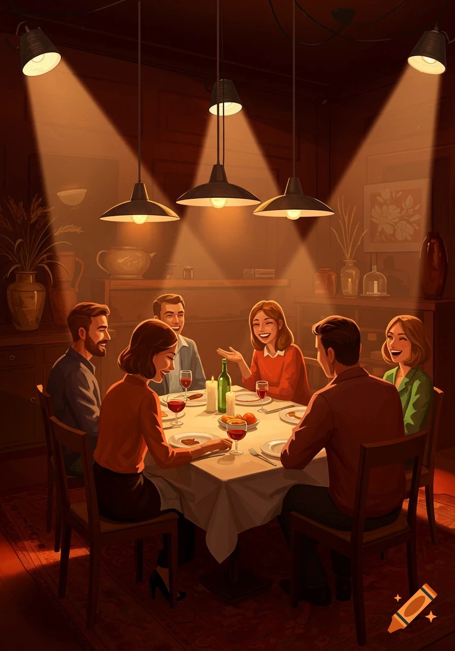 Stylized illustration of six friends having a lively dinner conversation in a dimly lit dining room.