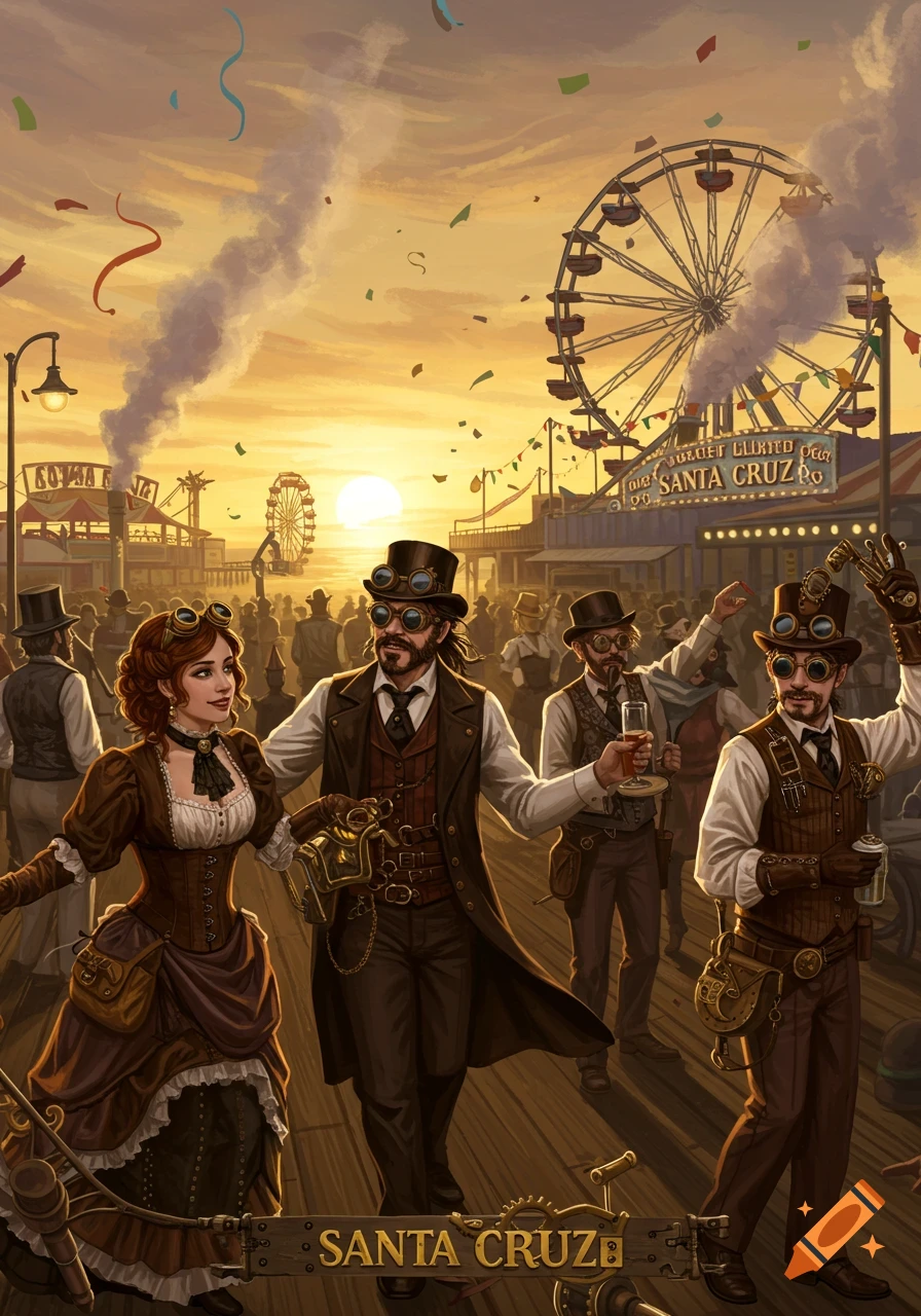 Steampunk revelers in period costumes walk on a crowded beach boardwalk with a Ferris wheel and signs in the background at sunset, in an illustration.