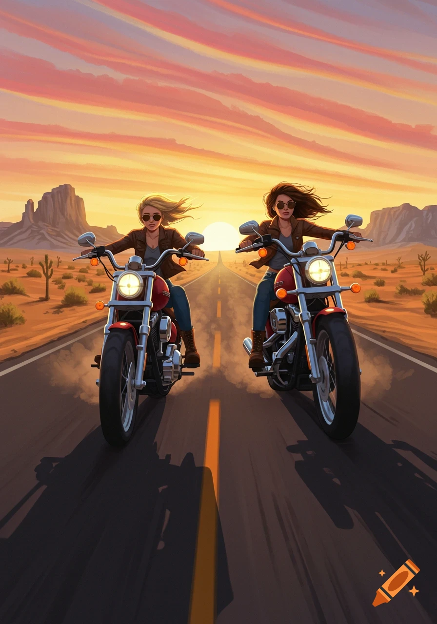 Illustration of two women riding red motorcycles on a desert road at sunset.