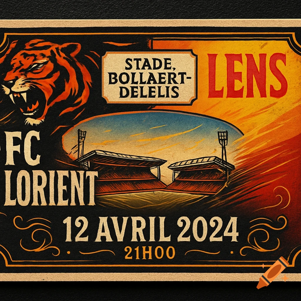 A vintage-style football match poster in bold orange, red, and black, featuring a roaring tiger, stadium, and match details for FC Lorient vs Lens.