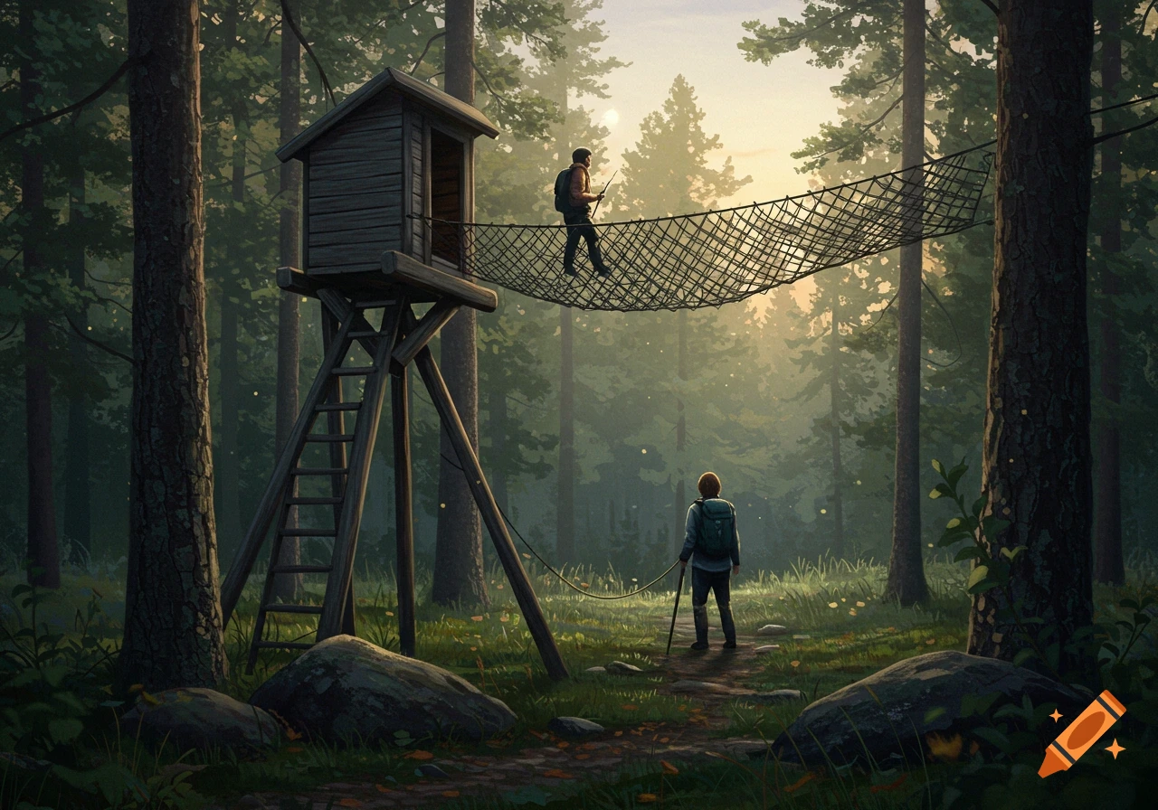 Two hikers in a dense forest, one crossing a rope bridge to a wooden hut on stilts, the other on a path below. Golden sunlight illuminates the trees.