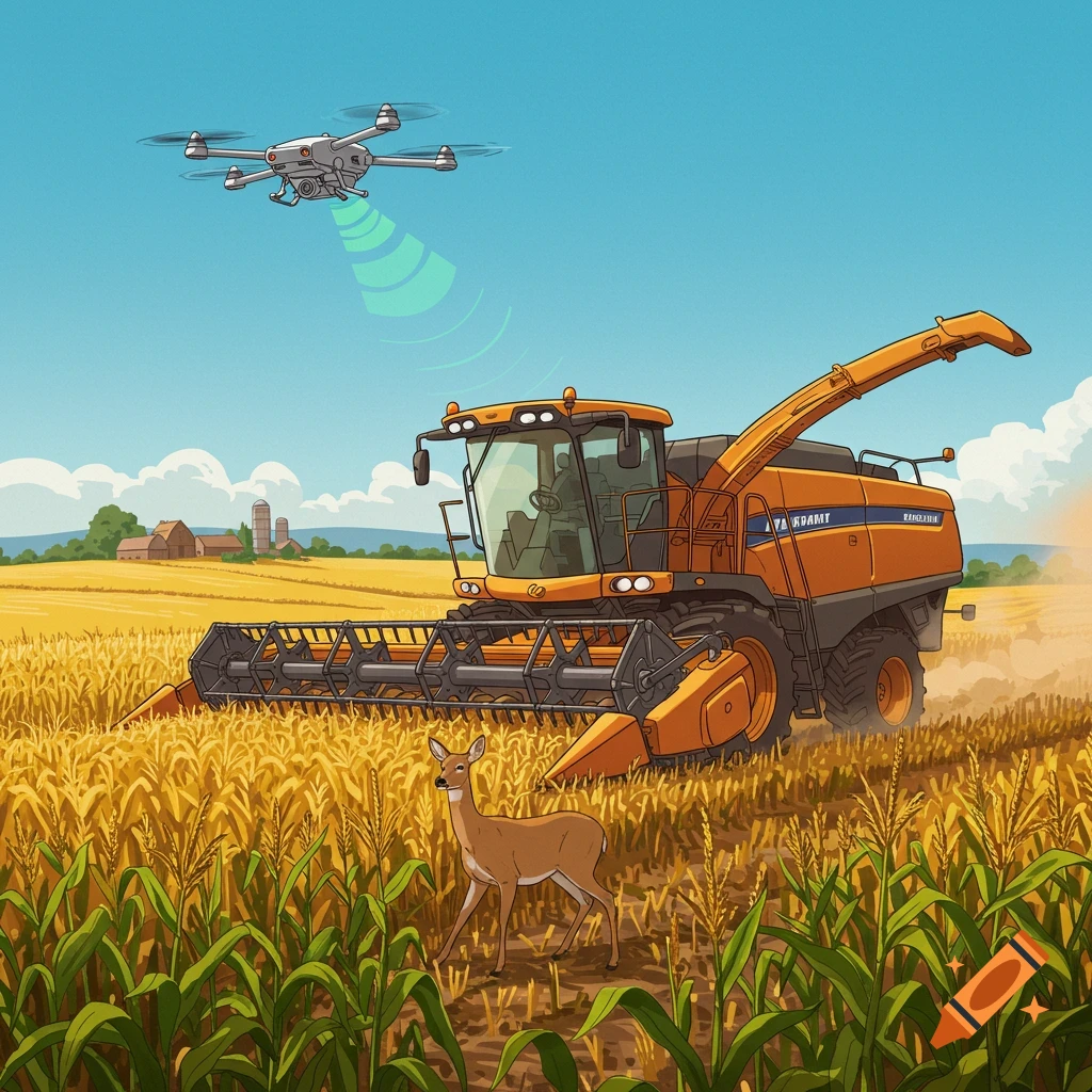 2D illustration of a drone surveying a cornfield with a harvester and a deer, farm buildings in background.