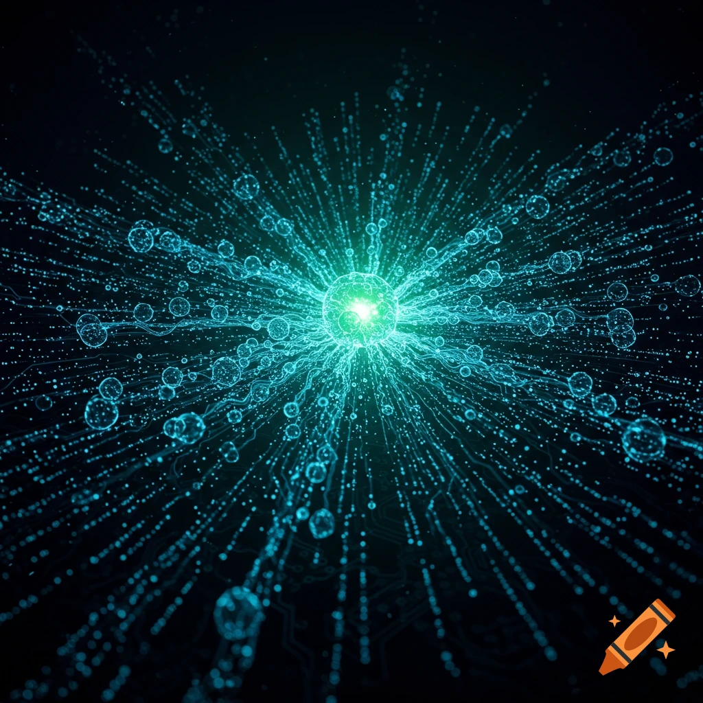 A glowing green core radiates blue-green lines and bubbles in an abstract representation of data or a network on a dark background.