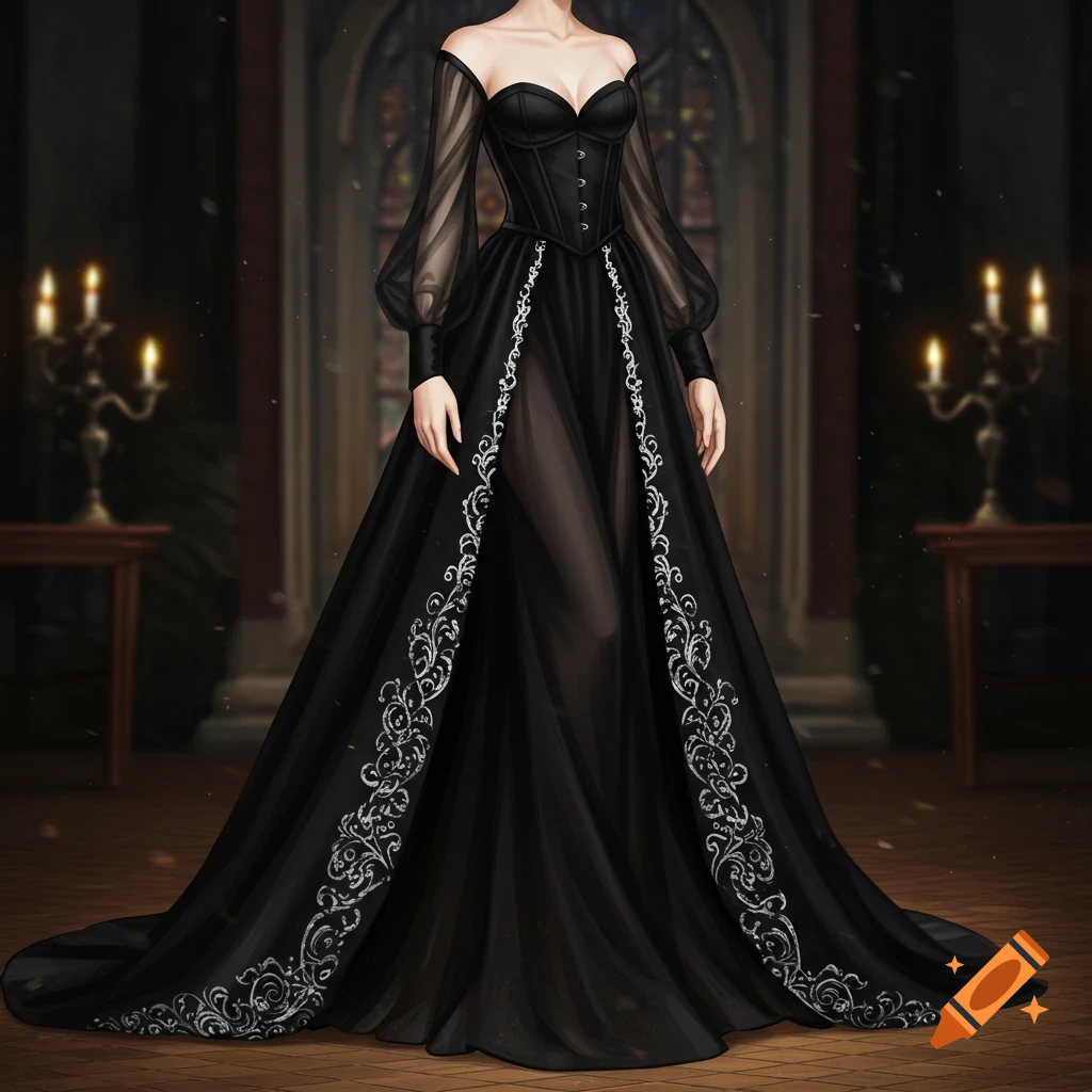 A full-length black gothic dress with sheer sleeves, a corset, silver embroidery, and a sheer skirt, displayed in a dimly lit gothic hall.
