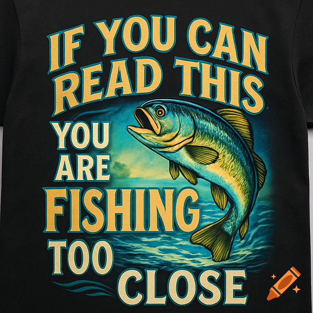 A black t-shirt with a graphic design of a green and yellow bass fish leaping out of blue water, surrounded by the text "IF YOU CAN READ THIS YOU ARE FISHING TOO CLOSE" in yellow and blue.