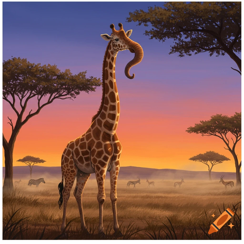 A whimsical giraffe with an elephant-like trunk stands in a savanna at sunset, with other animals in the misty background.