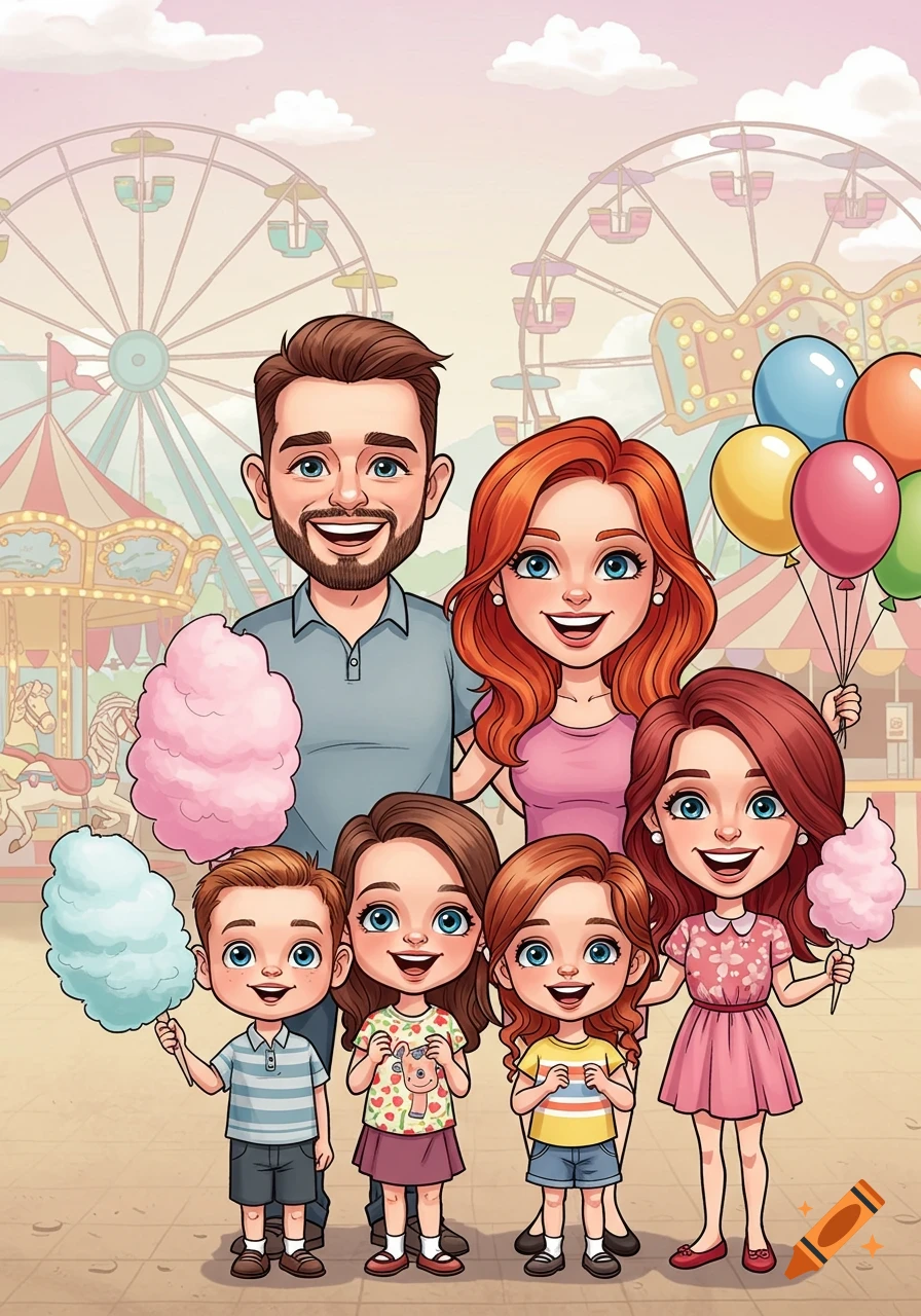 A cartoon illustration of a family of six, with parents and four children, posing at a carnival with cotton candy and balloons.