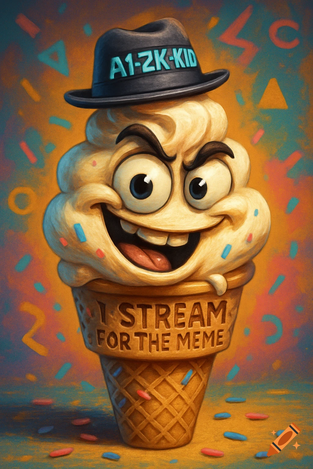 A vibrant cartoon ice cream cone character wearing a black fedora with 'A1-2K-KID' and a cone that reads 'I Stream For The Meme'.