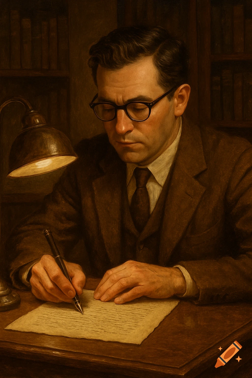 A man in horn-rimmed glasses and a suit sits at a desk under a lamp, diligently writing on paper with a pen. Books line the shelves in the background, rendered in a detailed, painterly style.