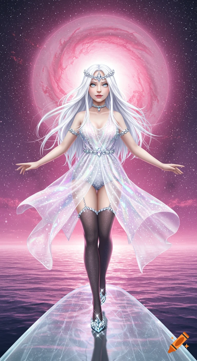 A fantasy woman with long white hair and a shimmering translucent dress stands on a crystal bridge over a cosmic ocean, pink galaxy in background.