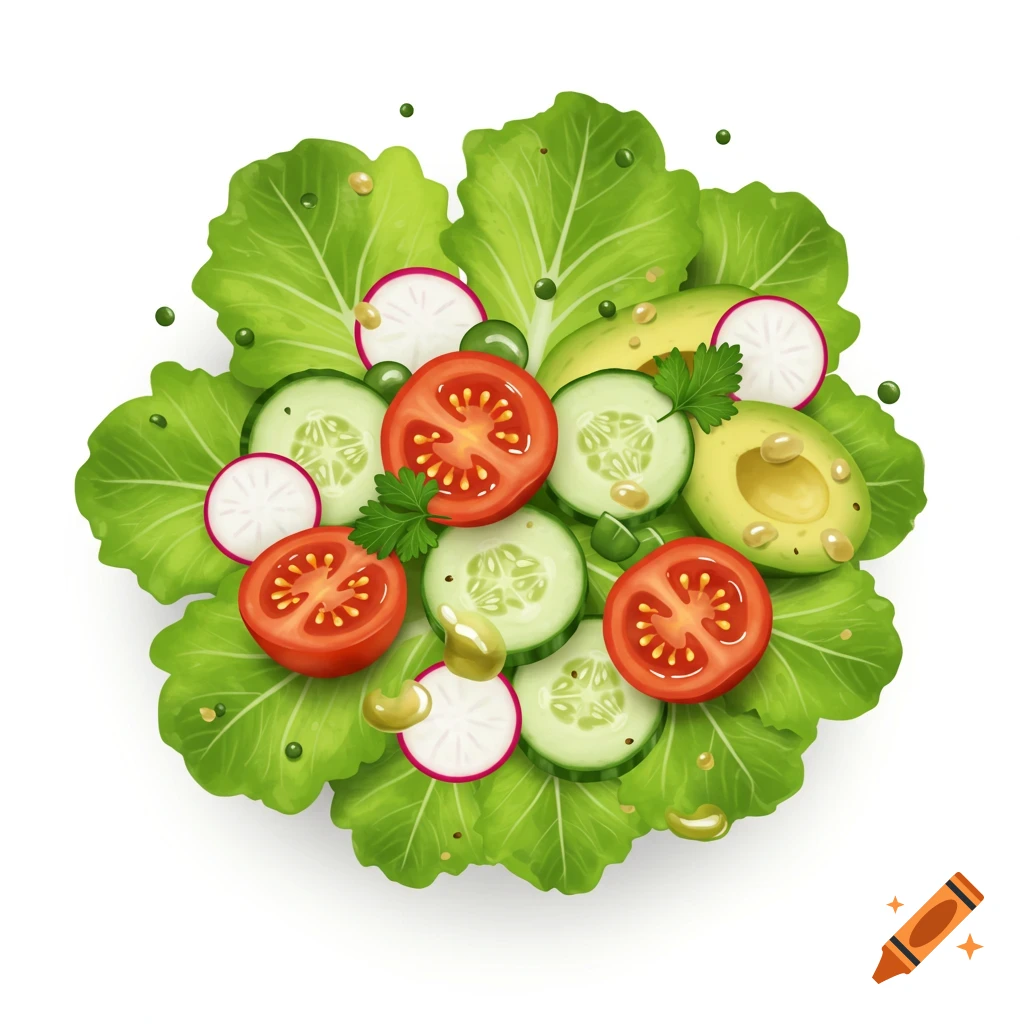 A vibrant, realistic anime-style illustration of a fresh salad with lettuce, sliced tomatoes, cucumbers, radishes, and avocado on a white background.