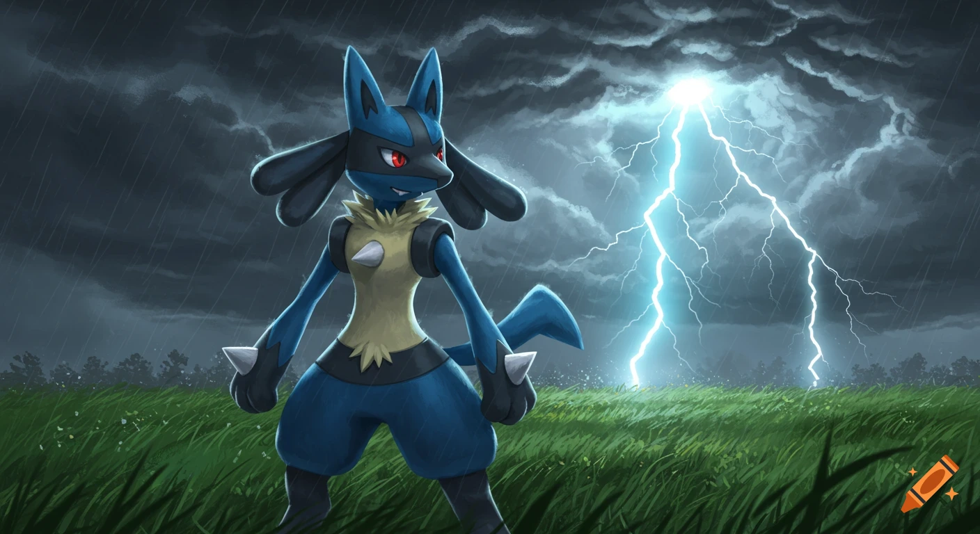 Lucario stands in a stormy, grassy field as lightning strikes in the dark sky, digital illustration.