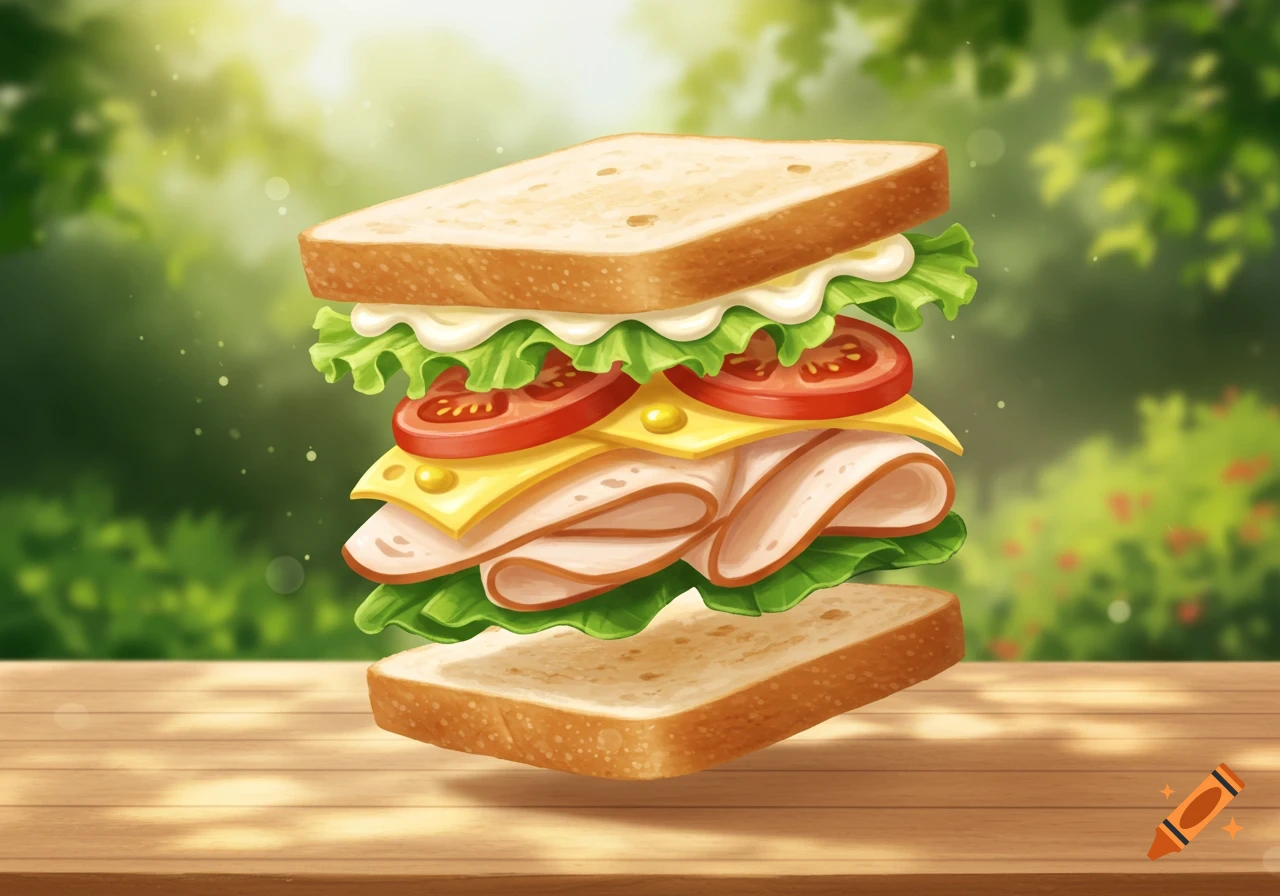 A vibrant, layered sandwich with lettuce, tomato, cheese, and deli meat floating above a wooden table outdoors with a sunny green background, in an illustrative style.