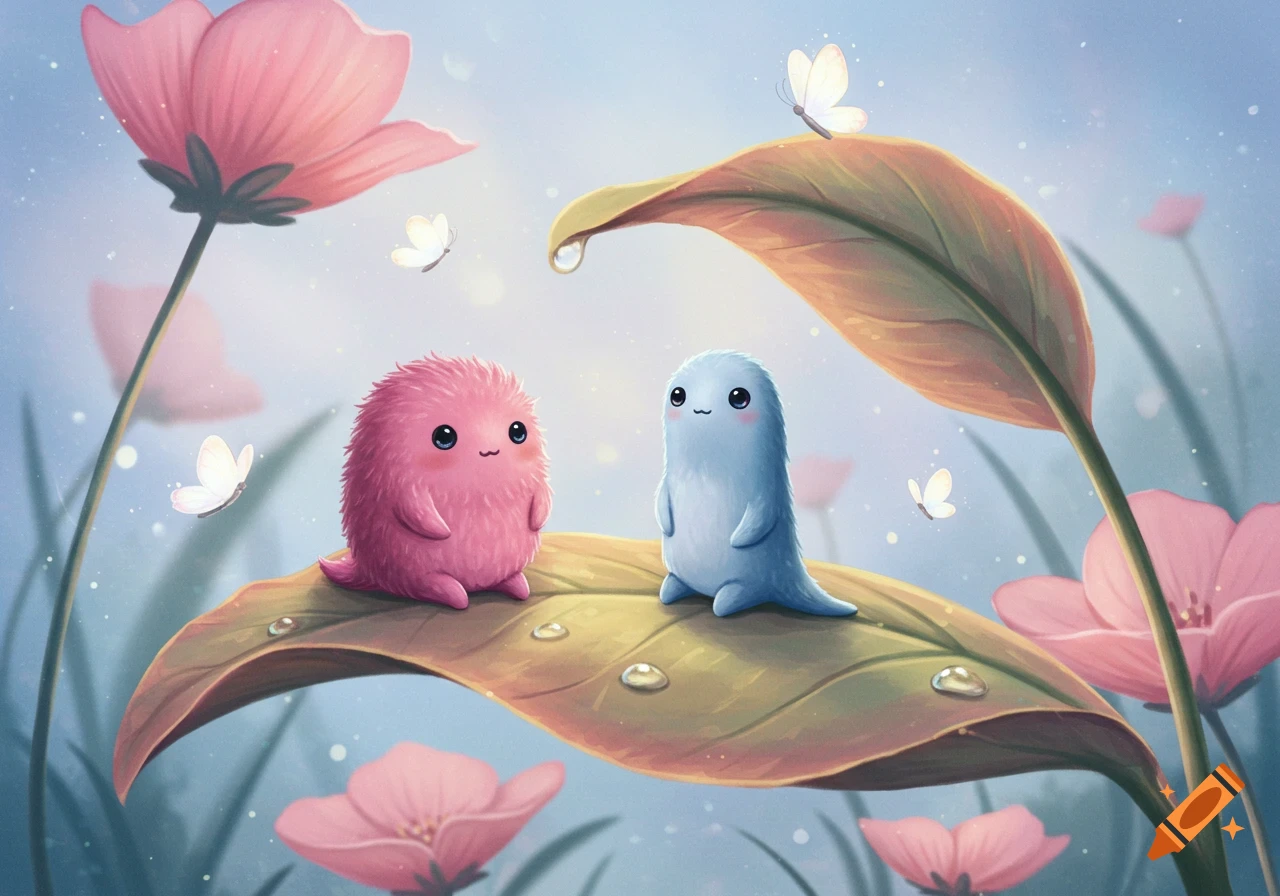 A whimsical digital illustration of a pink fluffy critter and a blue smooth critter on a large leaf with dewdrops, surrounded by pink flowers and butterflies.