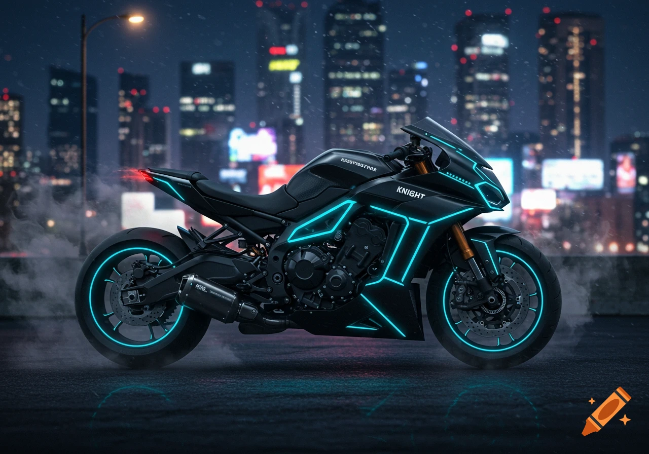 A sleek black motorcycle with glowing neon blue lines and wheels sits on a wet city street at night, with blurred city lights in the background.