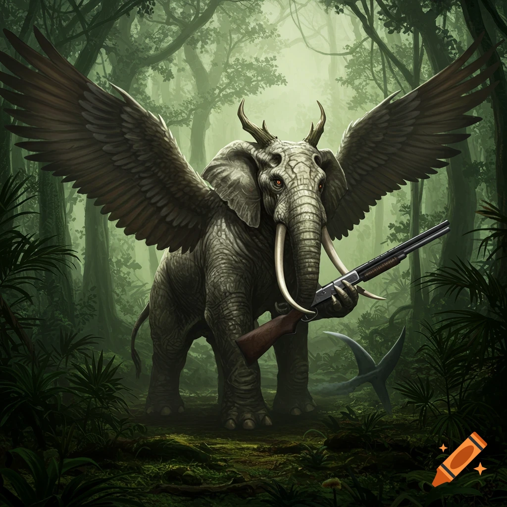 A majestic winged elephant with tusks and horns stands in a mystical jungle, holding a shotgun with its trunk.