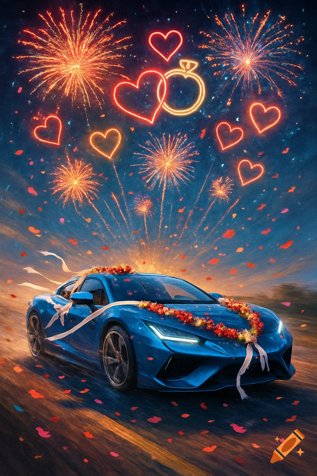 A blue sports car, decorated with flowers and ribbons, speeds under a night sky with fireworks, neon hearts, and a wedding ring symbol, with petals falling.