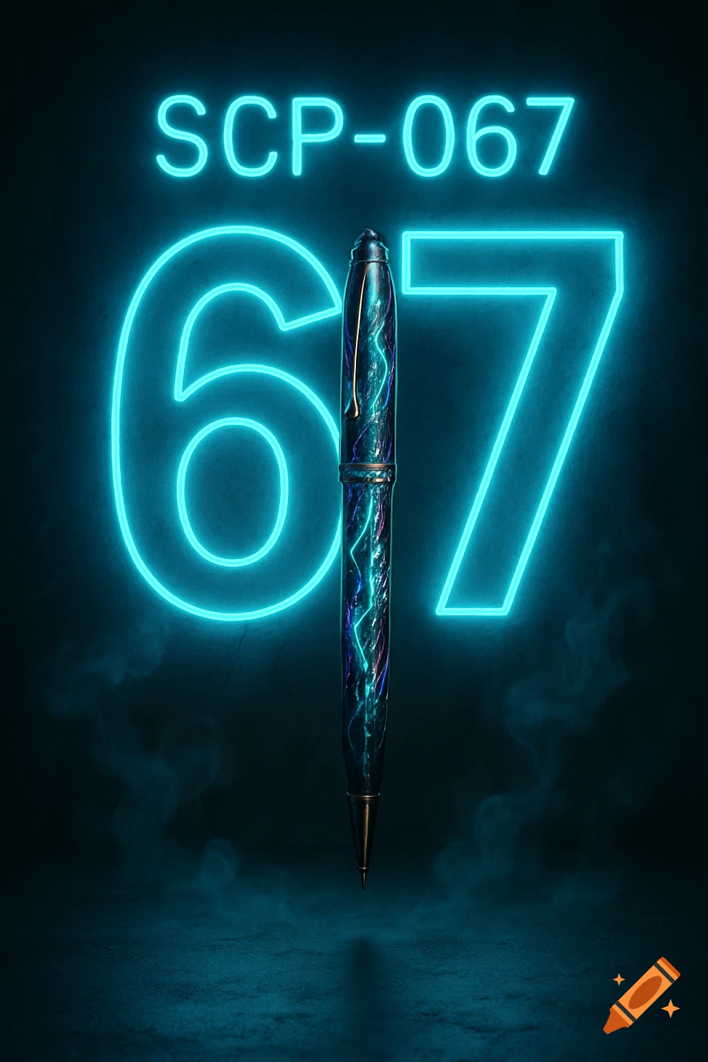 Dark scene with a stylized pen and glowing neon blue text reading 'SCP-067' and a large '67'.