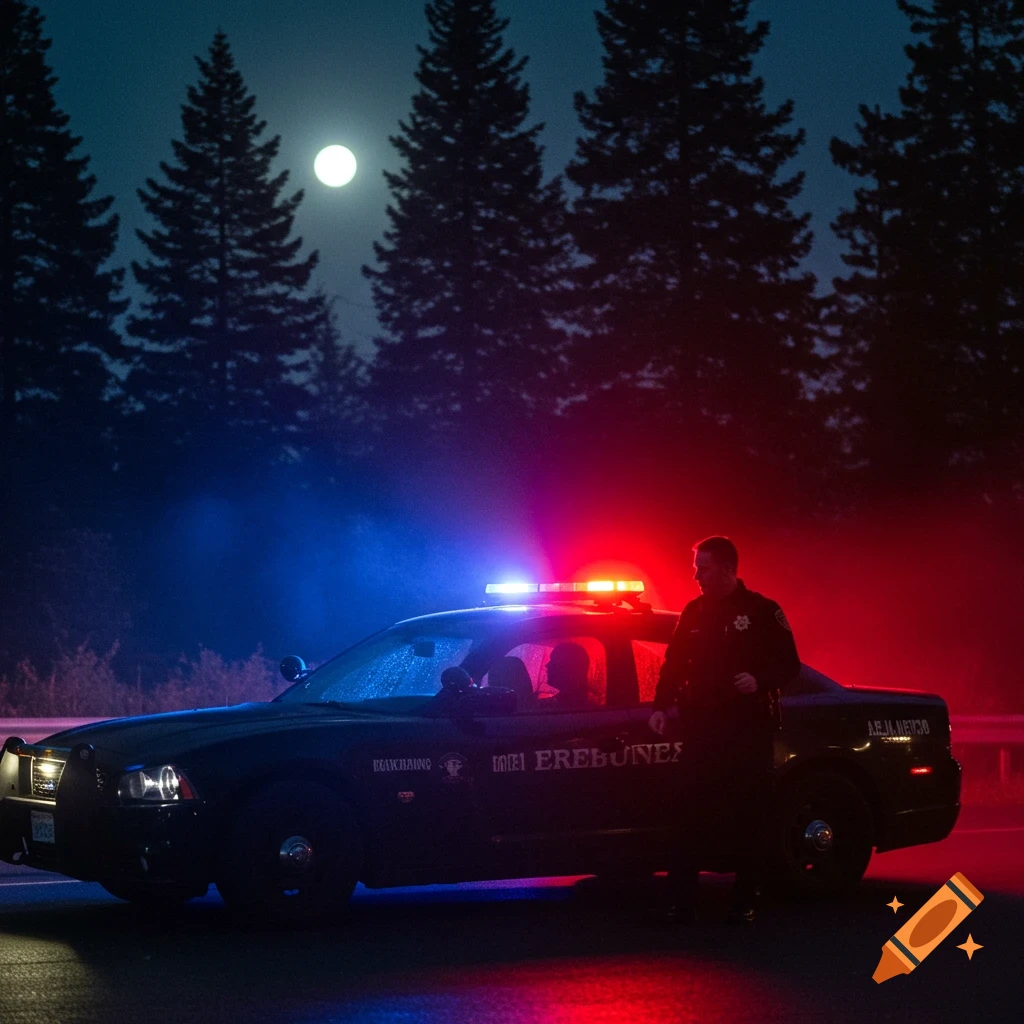 Photorealistic police officer stands by a patrol car with flashing lights at night under a full moon.