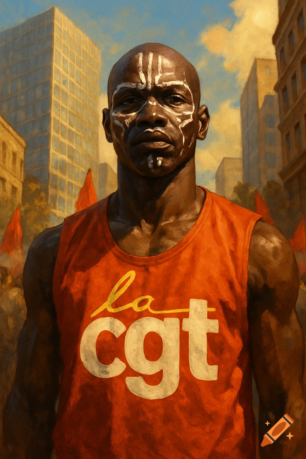 Painting of a bald African man with white face paint and a red 'la cgt' tank top, in a city with red flags.