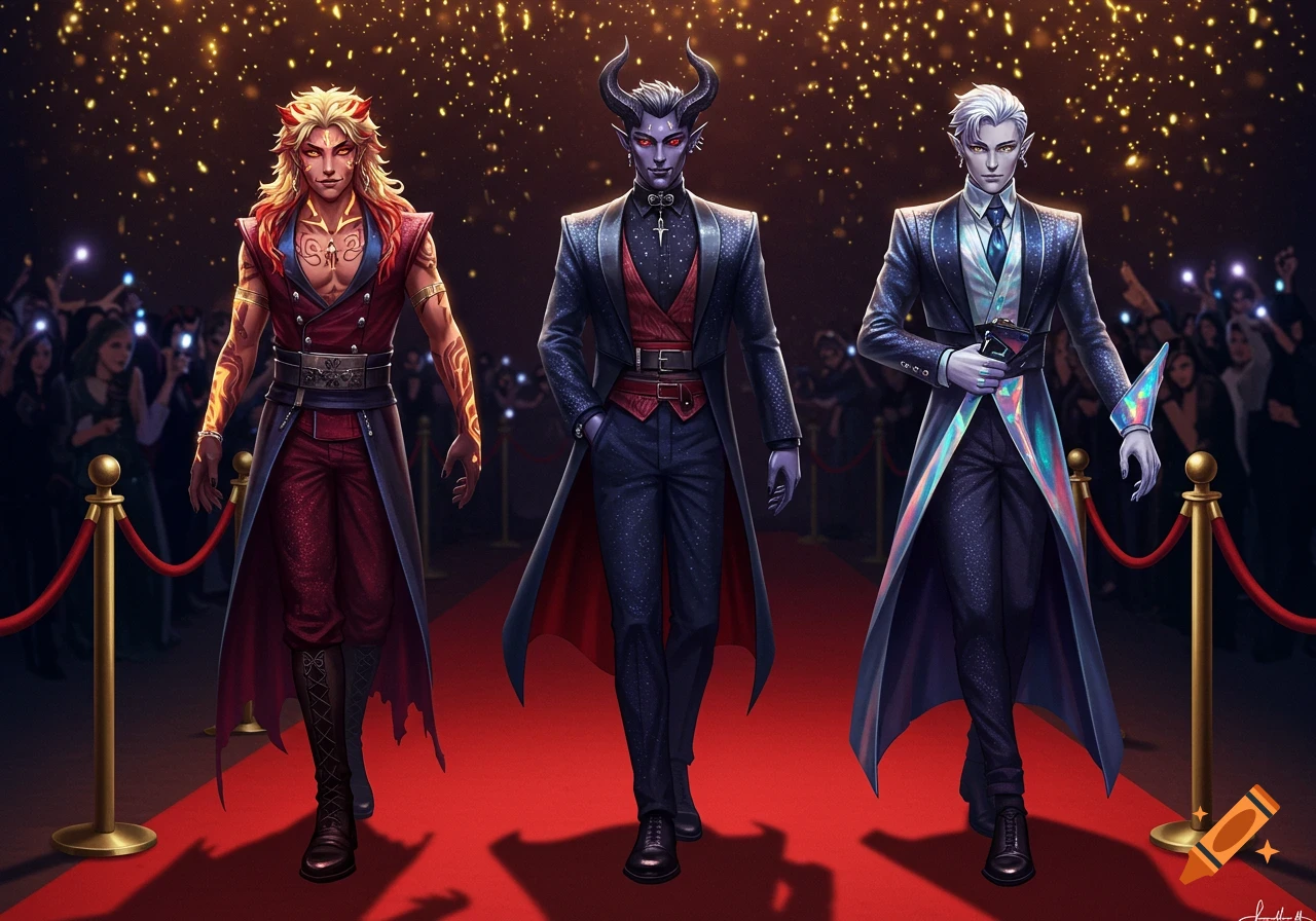 Three stylish male fantasy characters, including a horned demon and a glowing-tattooed figure, walk a red carpet in suits, digital art.