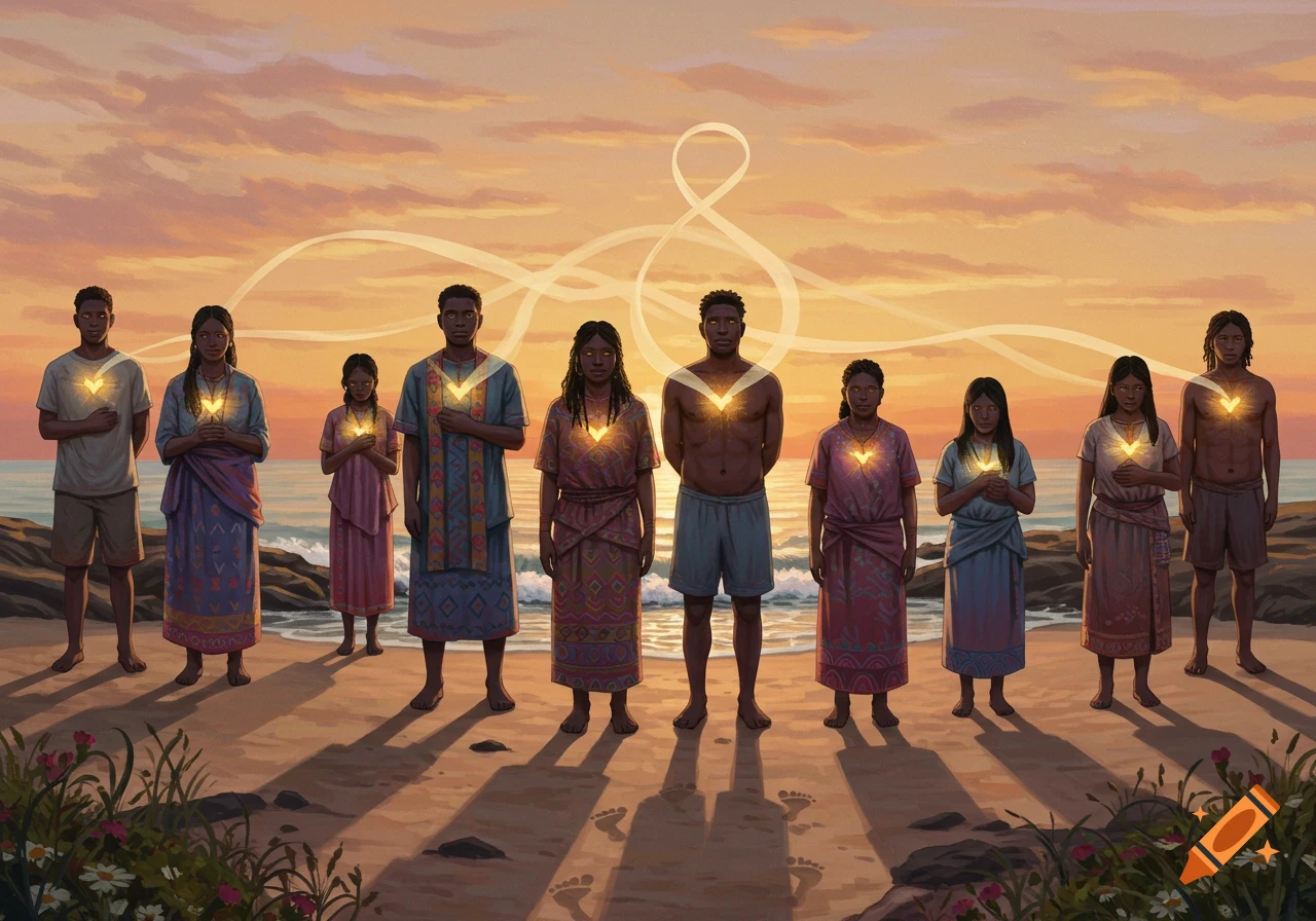 Diverse people with glowing hearts stand on a beach at sunset, connected by flowing light patterns in the sky.