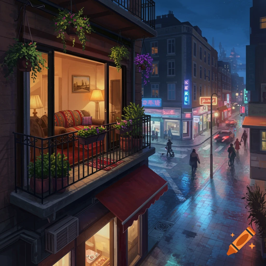 Painterly view of a cozy apartment balcony at night, overlooking a bustling city street with neon lights, pedestrians, and wet reflections.