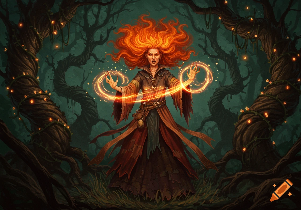 A red-haired witch with fiery hair casts a spell in a dark, twisted forest, illuminated by magic.