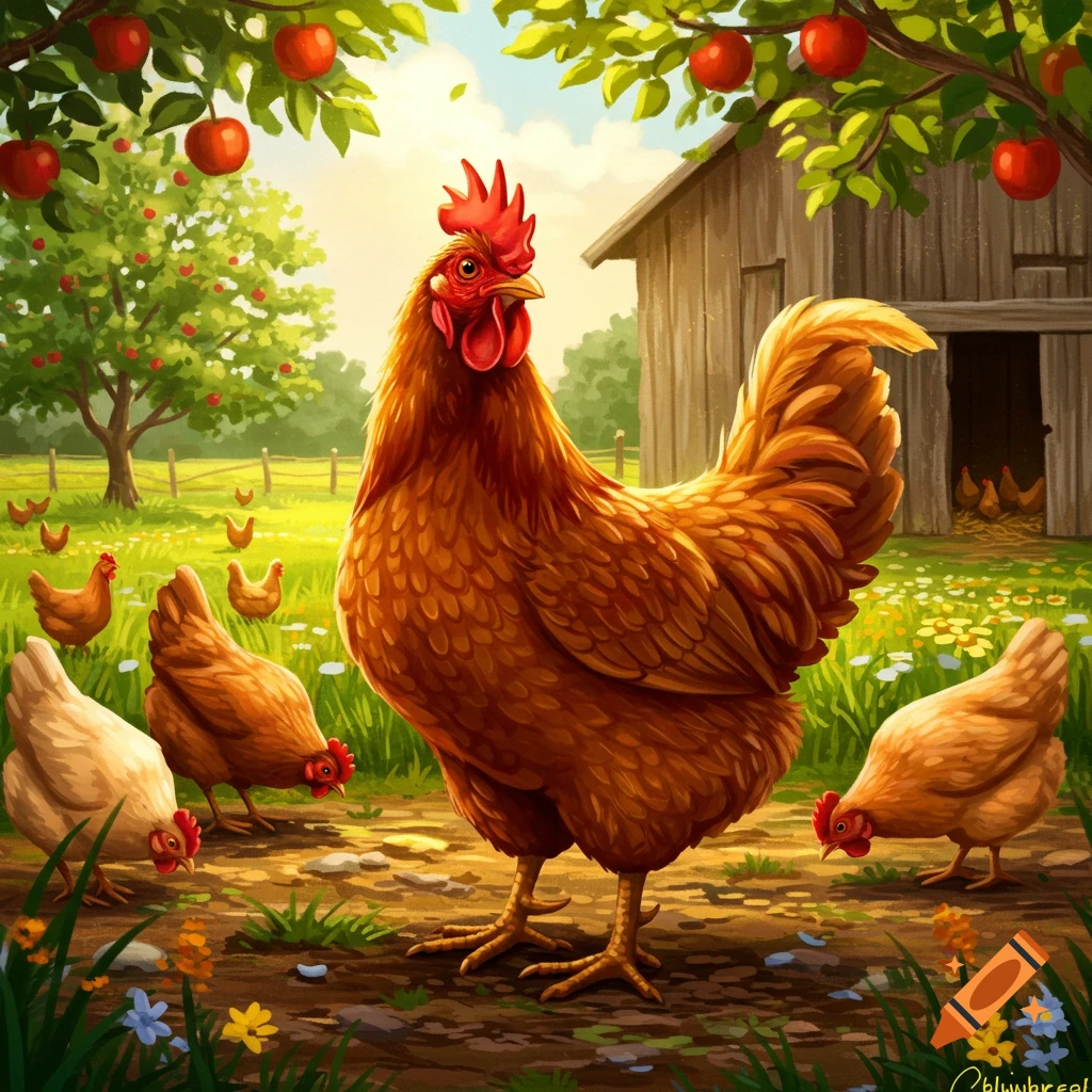 A vibrant illustration of a brown rooster and hens in an apple orchard with a barn in the background.