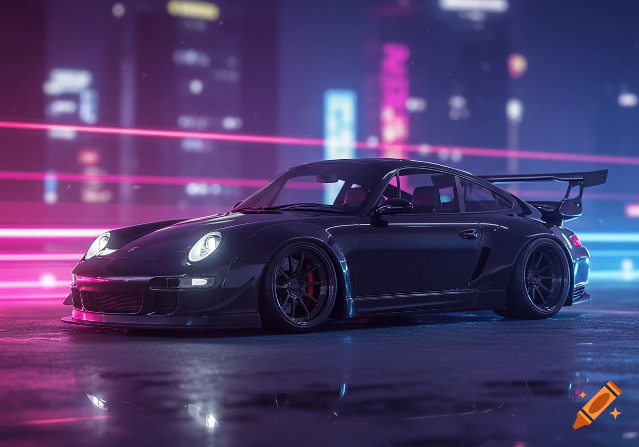 A sleek black Porsche 911 sports car with a large rear wing on a wet city street at night, lit by neon pink and blue lights.