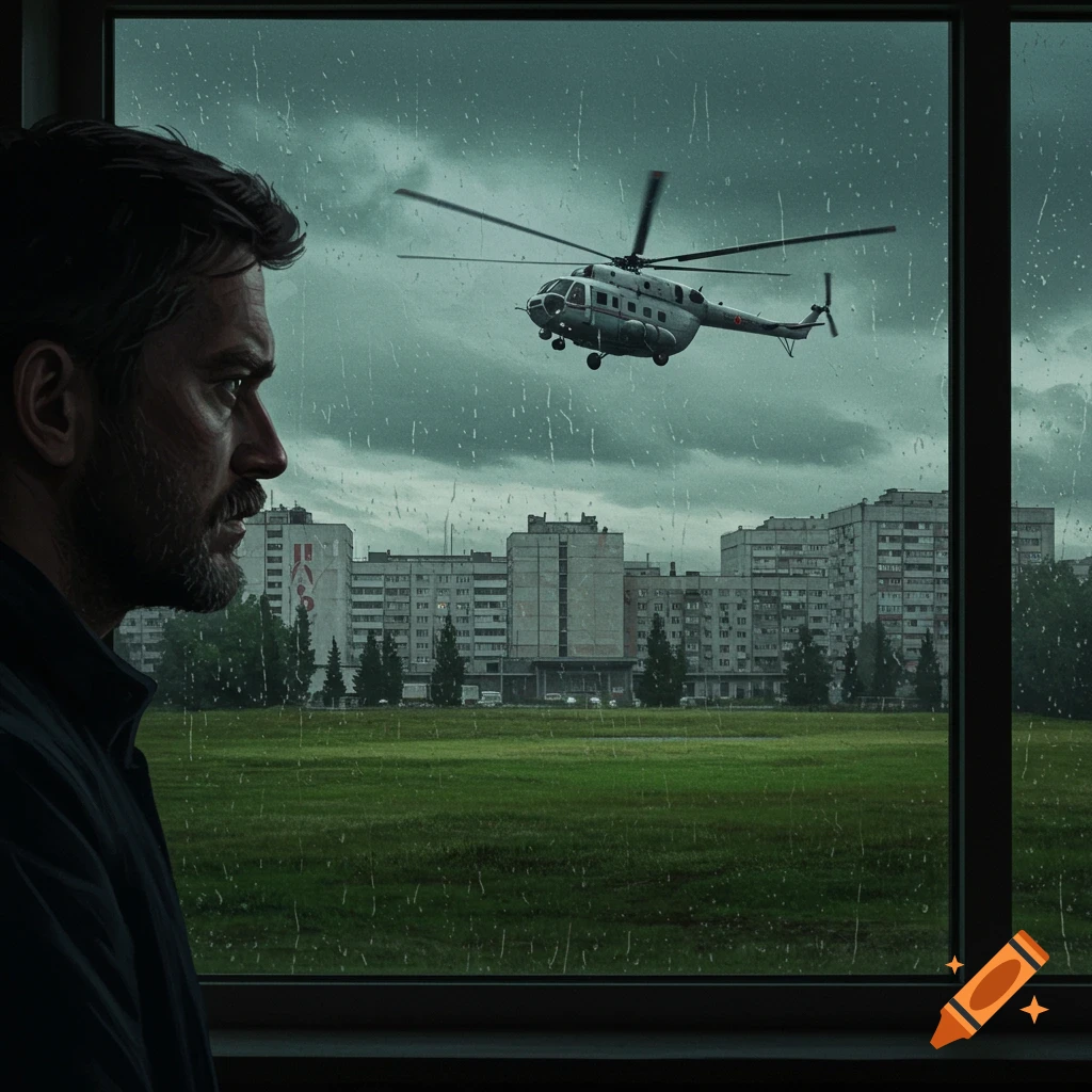 A man looks out a window at a helicopter flying over Soviet-style apartment buildings and a green field on a rainy day.