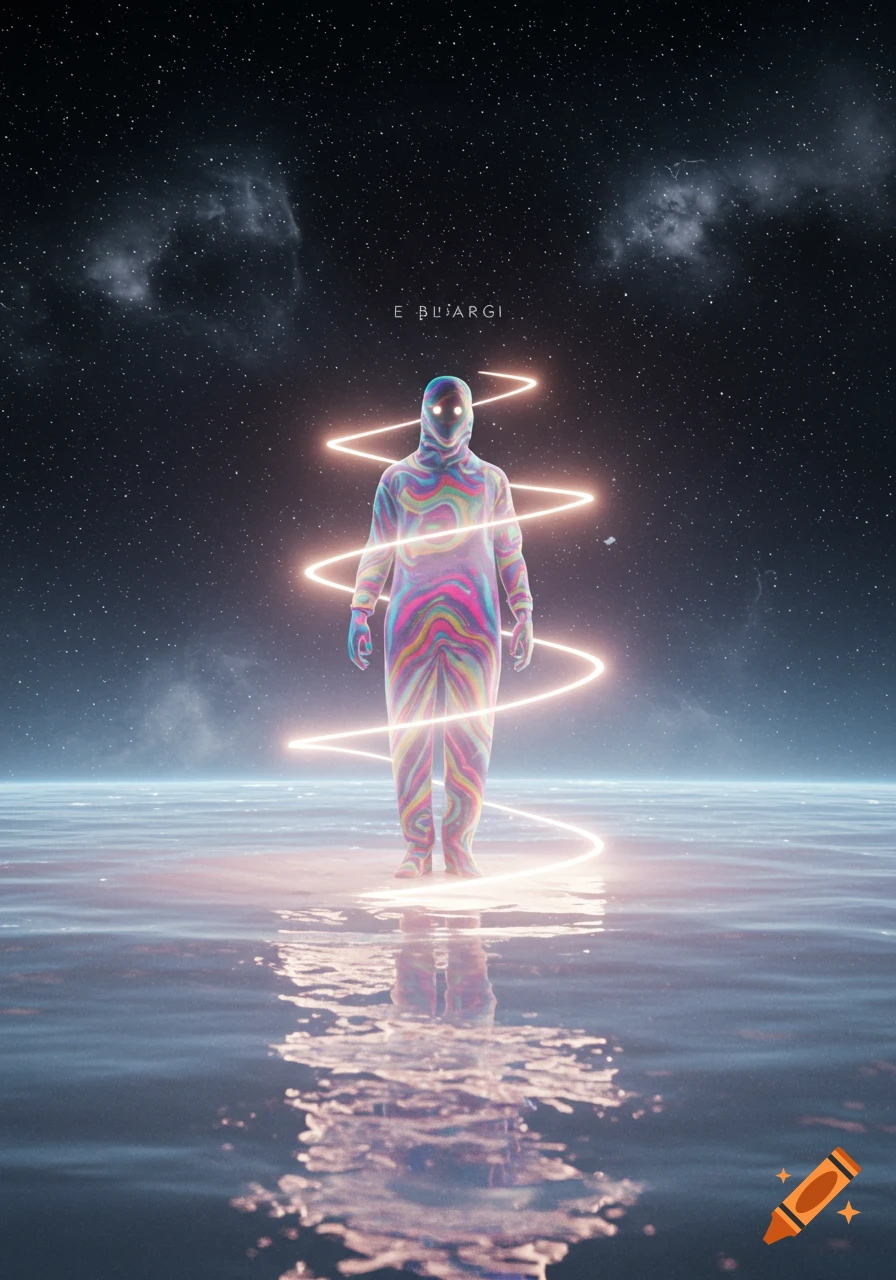 A glowing figure in a colorful, wavy-patterned suit stands on a reflective surface under a starry night sky with swirling light trails around it.