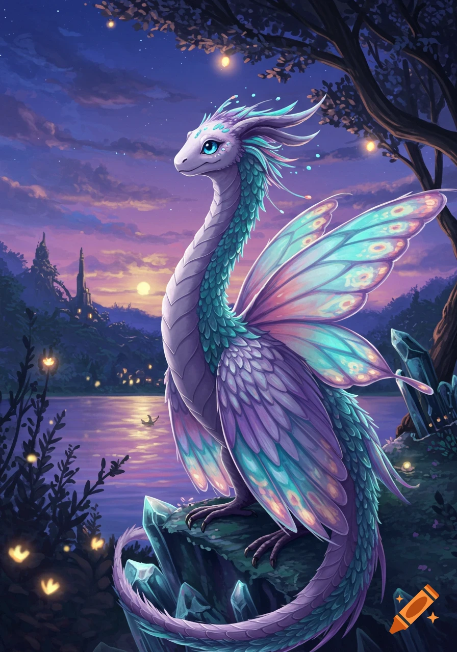 A beautiful, pastel-colored fairy dragon with large wings sits by a calm lake at sunset, with a castle in the distance.