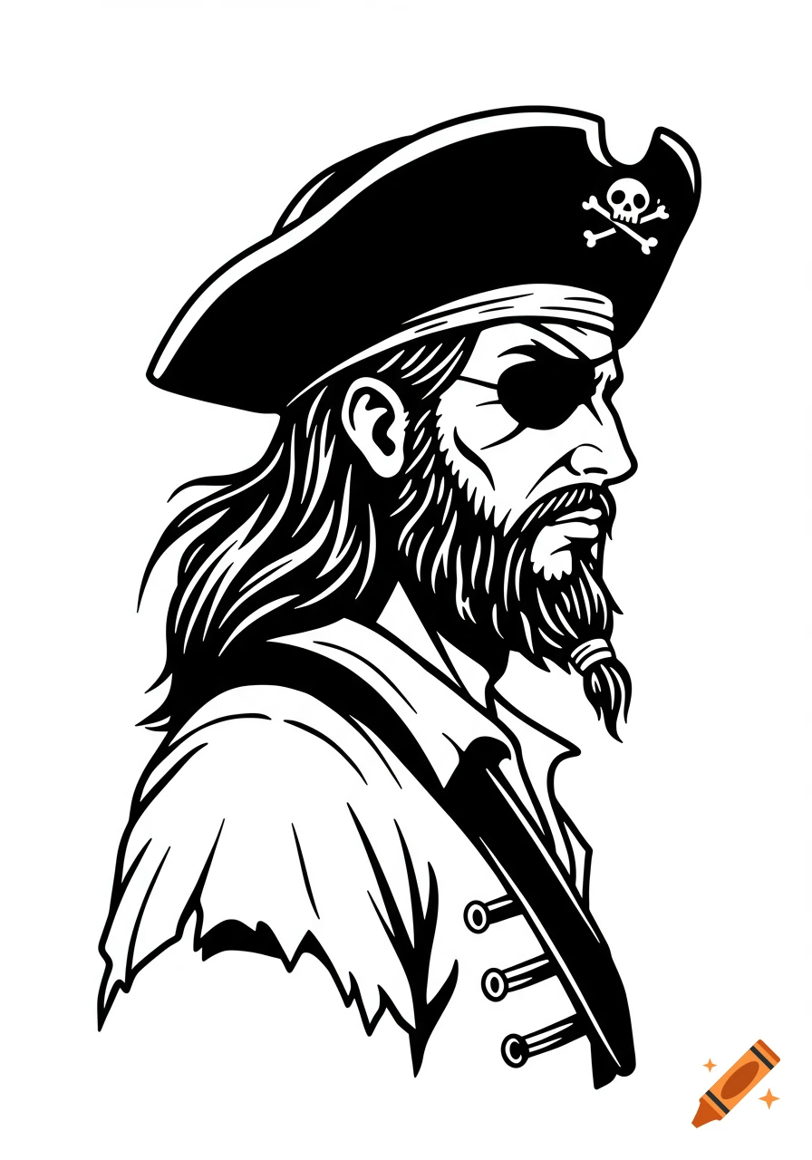 Black and white clip art illustration of a pirate with a tricorne hat, eyepatch, long hair, and beard, in profile.