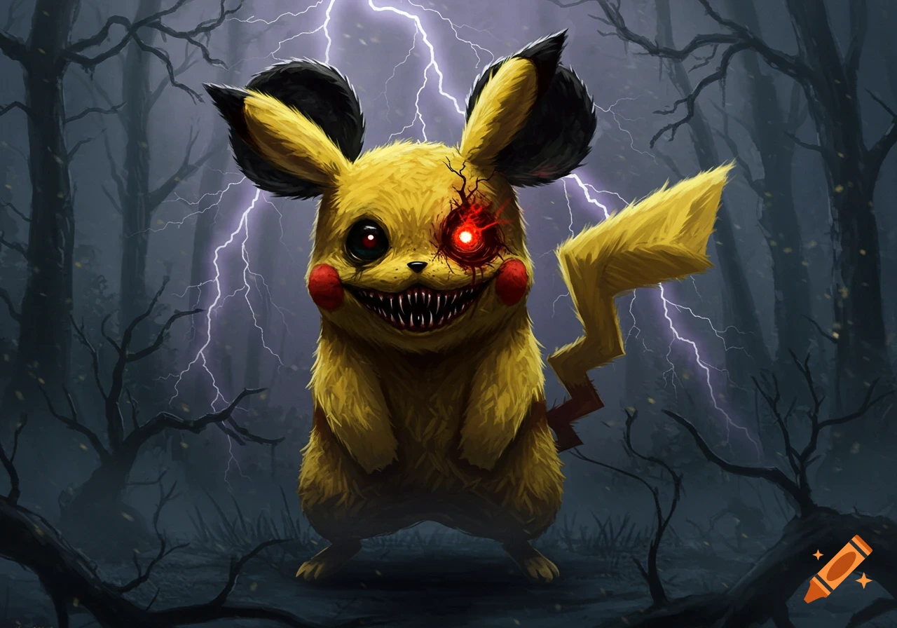 A terrifying, yellow Pikachu with glowing red eyes, sharp teeth, and cracked skin stands in a dark, stormy forest.